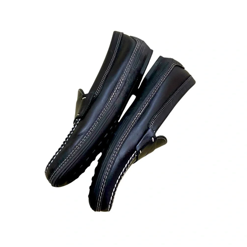 Men’s MSM handmade premium black leather slip on penny loafers overstitched sz 9